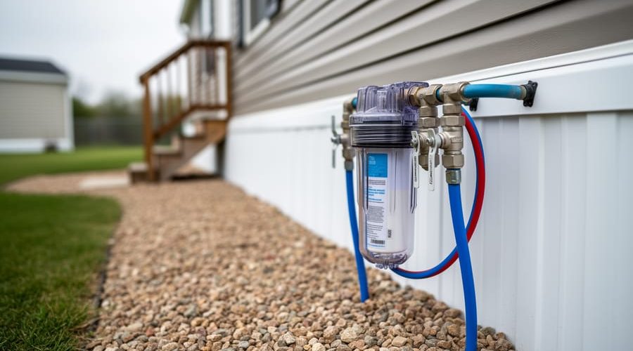Close-up of a clear-canister water filtration unit connected to blue and red PEX pipes at a mobile home’s skirting, with siding, steps, gravel pad, and lawn softly blurred in the background.