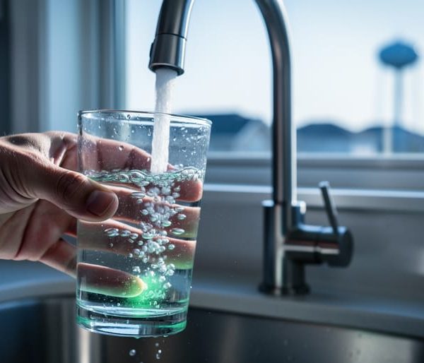 Hand holding a clear glass under a running kitchen faucet in early morning light, with tiny bubbles and a faint tint in the water; blurred sink, faucet, and neighborhood view through the window in the background