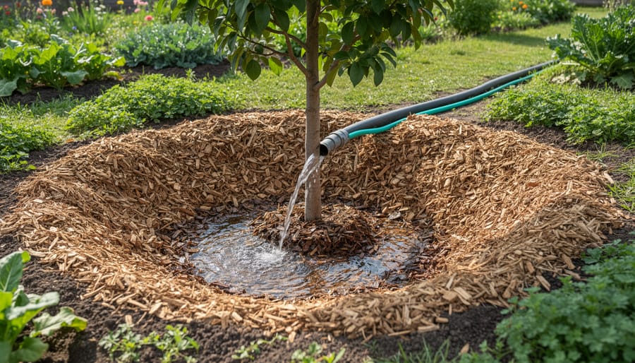 Greywater flowing from irrigation tubing into mulched basin around tree base