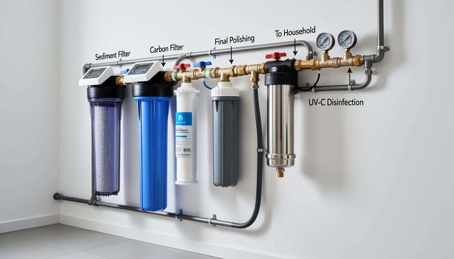 Complete multi-stage water filtration system with UV-C disinfection unit installed on wall