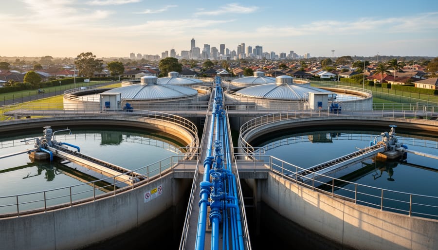 Aerial view of municipal water treatment plant with circular clarification tanks