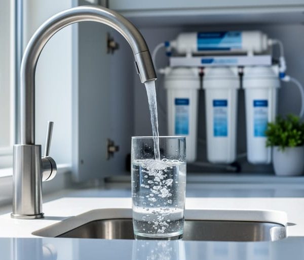 Clear water pours from a stainless-steel kitchen faucet into a glass, with under-sink reverse osmosis filter canisters softly blurred in the background of a bright, modern kitchen.