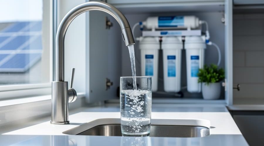 Clear water pours from a stainless-steel kitchen faucet into a glass, with under-sink reverse osmosis filter canisters softly blurred in the background of a bright, modern kitchen.