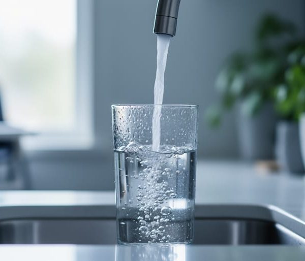 Clear glass filling from a stainless-steel kitchen faucet with an out-of-focus infant high chair in the background, suggesting unseen risks in household drinking water.