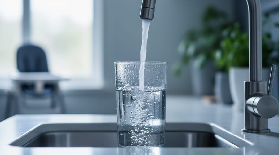 Clear glass filling from a stainless-steel kitchen faucet with an out-of-focus infant high chair in the background, suggesting unseen risks in household drinking water.