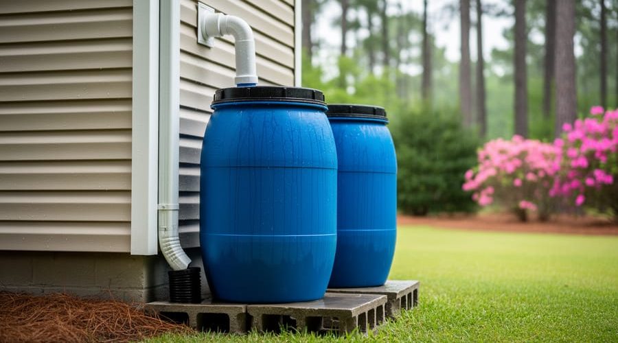 Two blue rain barrels connected in series to a white gutter downspout on the shaded north side of a North Carolina suburban home, with a rain-damp lawn, azaleas, and pine trees in the background.