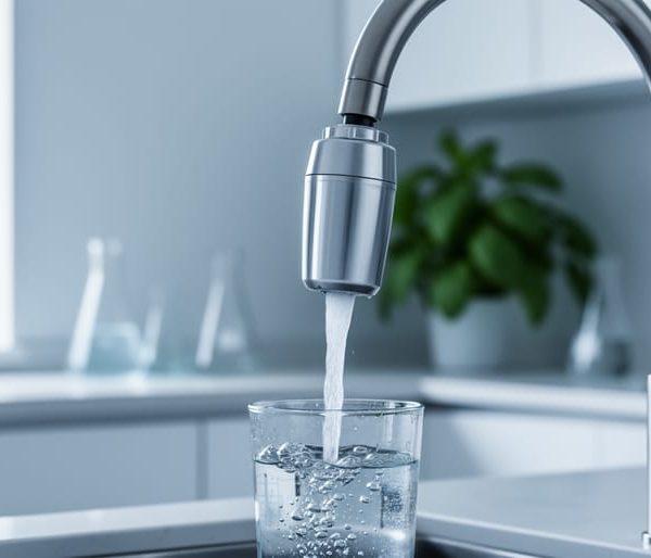 Clear glass being filled from a stainless kitchen faucet with an attached water filter, sparkling stream and clean, bright kitchen background softly blurred.