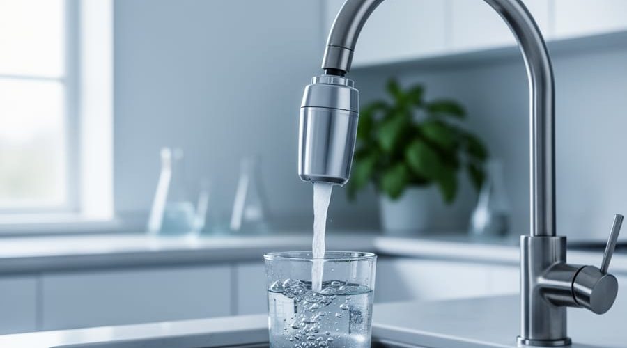 Clear glass being filled from a stainless kitchen faucet with an attached water filter, sparkling stream and clean, bright kitchen background softly blurred.