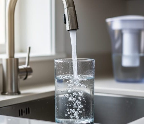 Clear glass under a modern kitchen faucet filling with water, micro-bubbles visible, with sink, countertop, and an out-of-focus filter pitcher in the background.