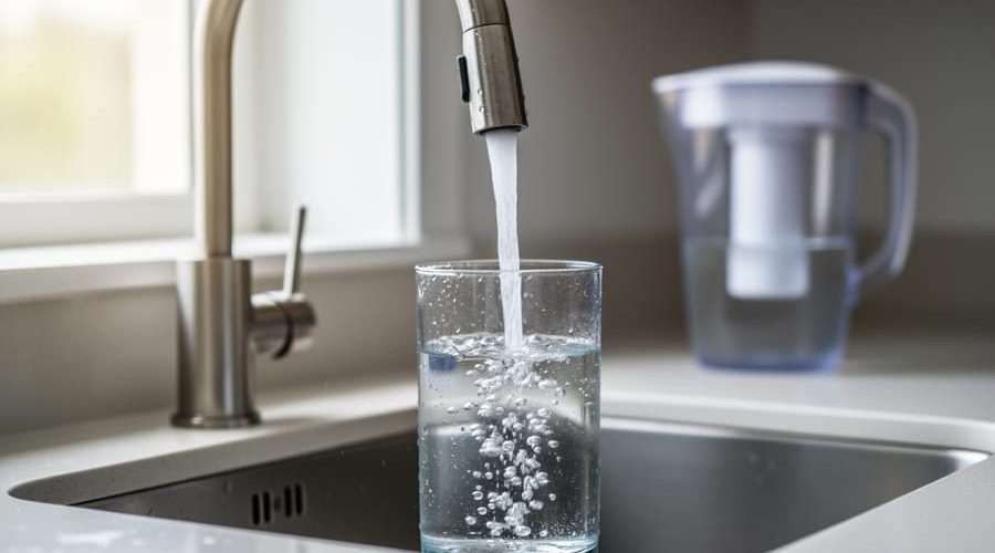 Clear glass under a modern kitchen faucet filling with water, micro-bubbles visible, with sink, countertop, and an out-of-focus filter pitcher in the background.