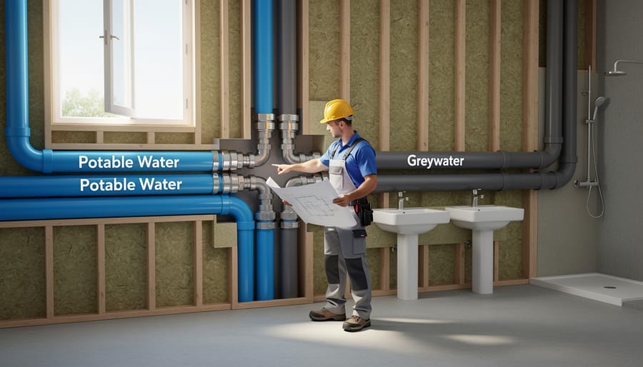 Cross-section view of copper potable water pipes separate from PVC greywater pipes
