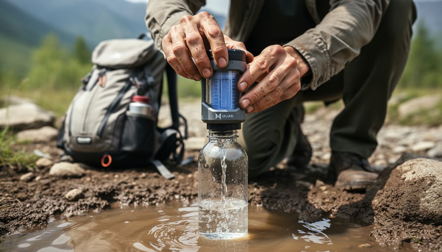 Person using portable water filter to purify water from natural stream