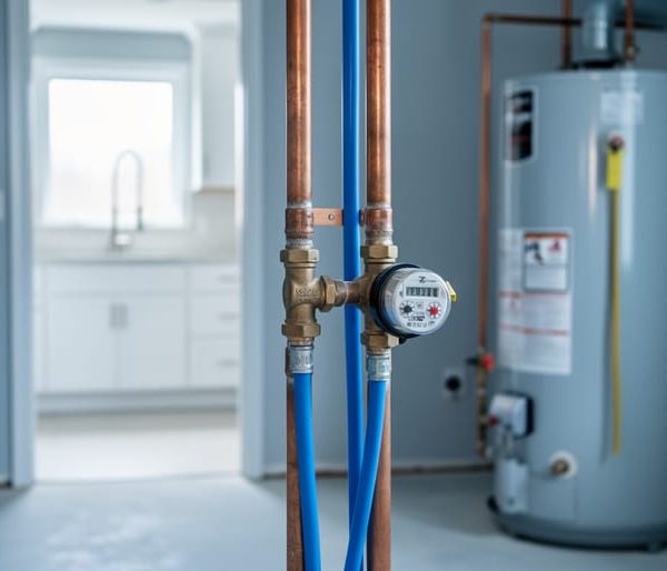 Home utility area showing copper, galvanized, and blue PEX pipes near a shutoff valve and meter beside a water heater, with a blurred kitchen faucet running in the background under soft daylight.