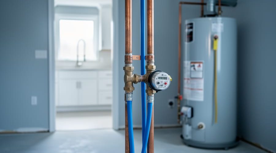 Home utility area showing copper, galvanized, and blue PEX pipes near a shutoff valve and meter beside a water heater, with a blurred kitchen faucet running in the background under soft daylight.