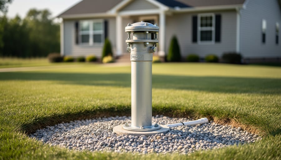 Private residential well head with protective cap in maintained yard