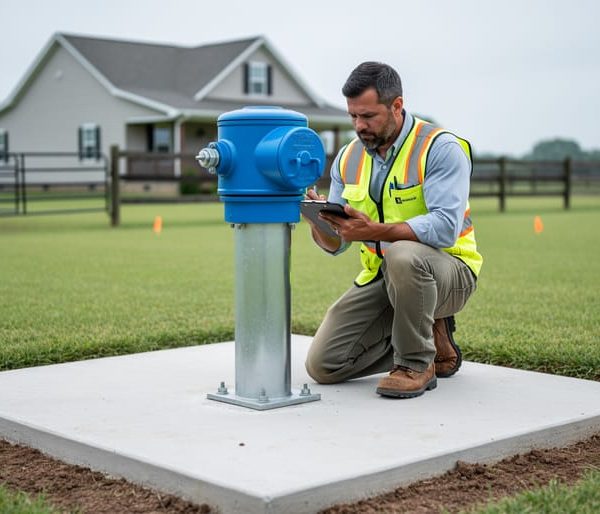 Inspector kneels beside a properly sealed private wellhead with sanitary cap on a raised concrete pad, checking the casing and seal; rural yard with farmhouse, livestock fence, and flagged areas softly blurred in the background under overcast daylight.
