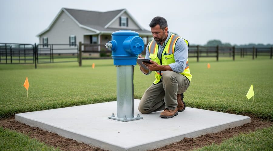 Inspector kneels beside a properly sealed private wellhead with sanitary cap on a raised concrete pad, checking the casing and seal; rural yard with farmhouse, livestock fence, and flagged areas softly blurred in the background under overcast daylight.