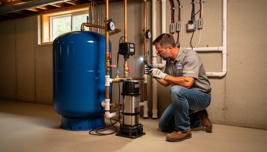 Private well pressure tank and pump system in residential basement