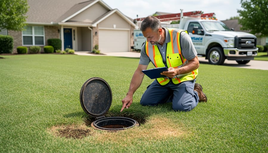 Professional septic system inspector examining system during routine maintenance visit
