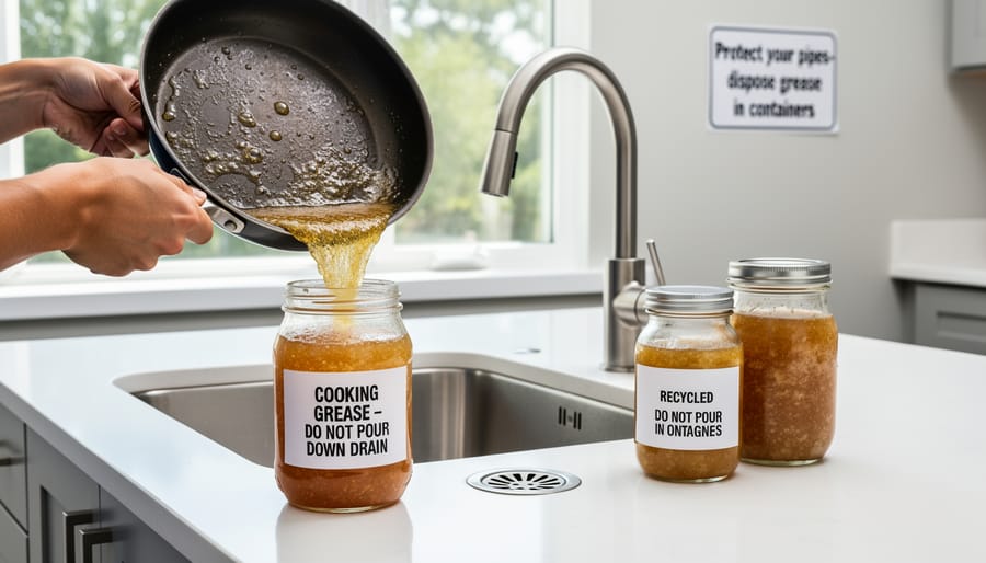 Person pouring cooking grease into jar for proper disposal instead of down drain