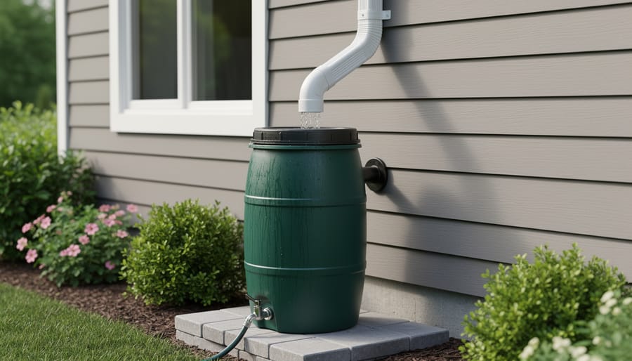 Blue rain barrel connected to residential gutter downspout for rainwater collection