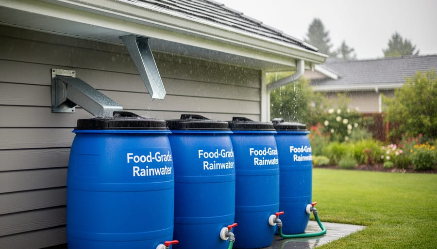 Clear rainwater flowing from metal downspout into collection barrel
