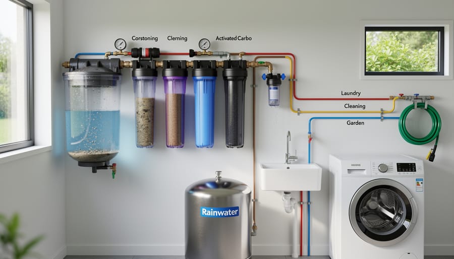 Close-up of multi-stage water filtration system with transparent filter housing