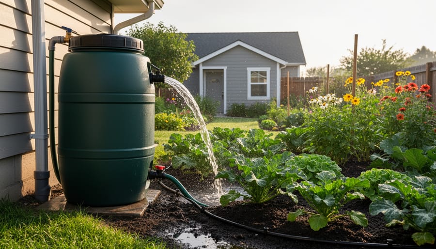 Hand turning outdoor water faucet with garden plants in background