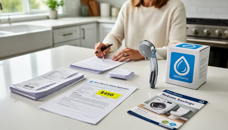 Person completing water appliance rebate application with documentation