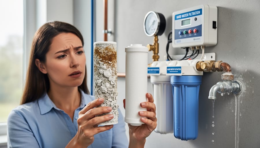 Homeowner removing stained water filter cartridge from faucet mount for replacement