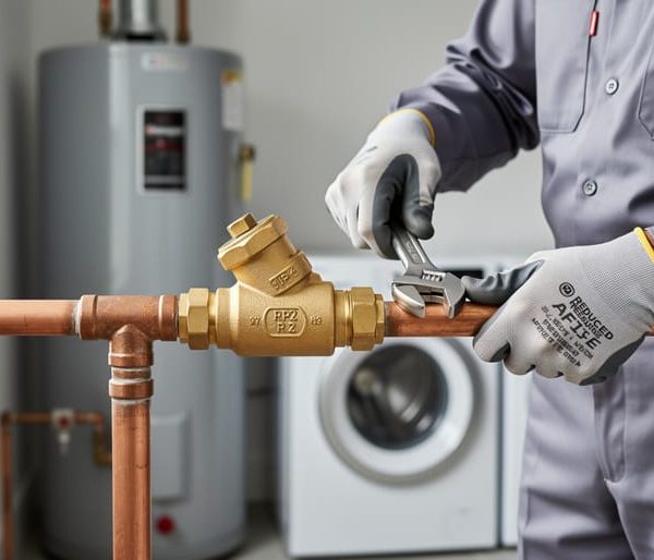 Close-up of a brass RPZ backflow prevention device on copper pipes in a home utility room, with a gloved plumber tightening a fitting; soft side daylight and blurred water heater and laundry in the background, conveying protection of drinking water from greywater backflow.