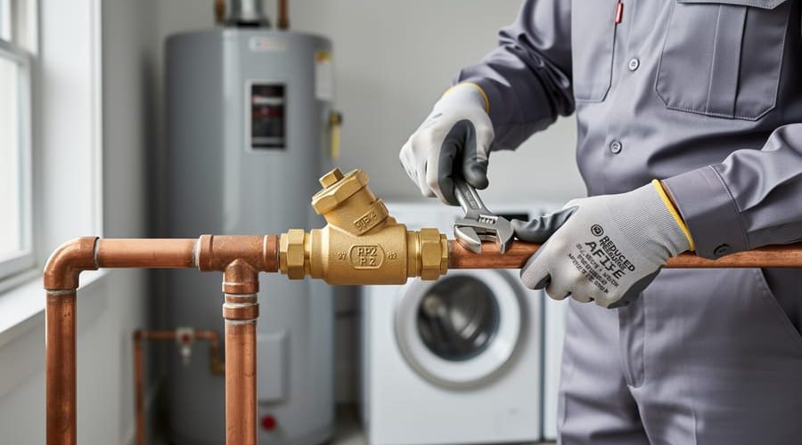 Close-up of a brass RPZ backflow prevention device on copper pipes in a home utility room, with a gloved plumber tightening a fitting; soft side daylight and blurred water heater and laundry in the background, conveying protection of drinking water from greywater backflow.