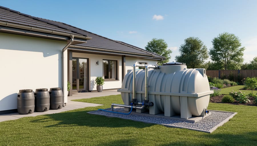 Large residential rainwater cistern tank installed beside home with visible plumbing connections