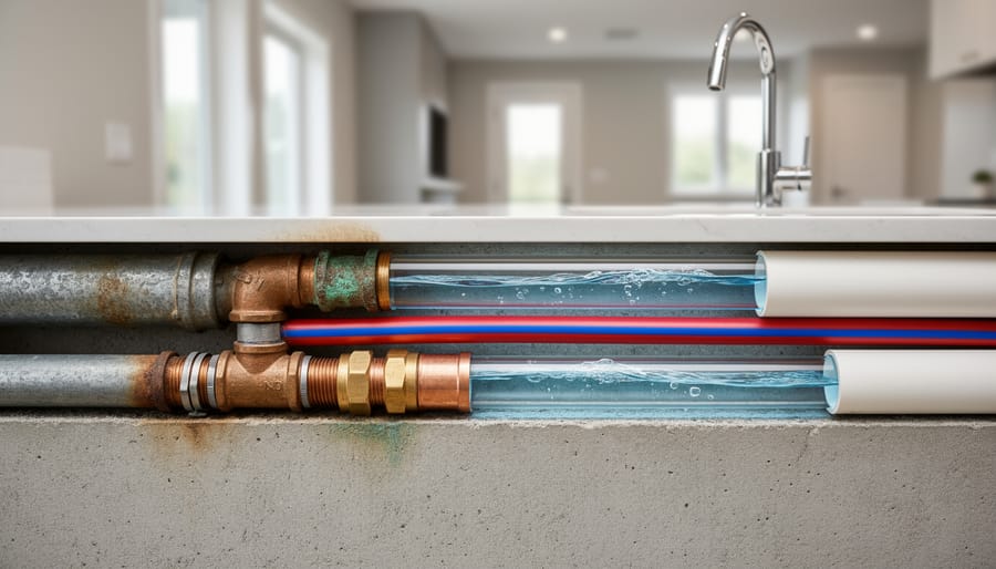 Cross-section of various residential plumbing pipe materials including copper, PVC, and galvanized steel