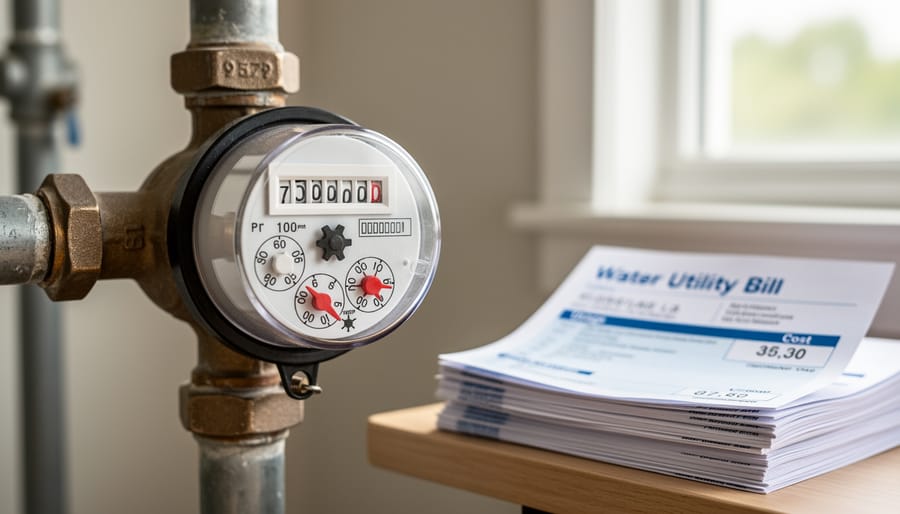 Close-up of residential water meter showing usage dial and numbers