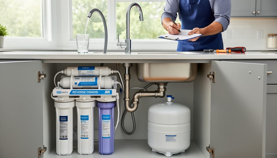 Under-sink reverse osmosis water filtration system with multiple filter stages