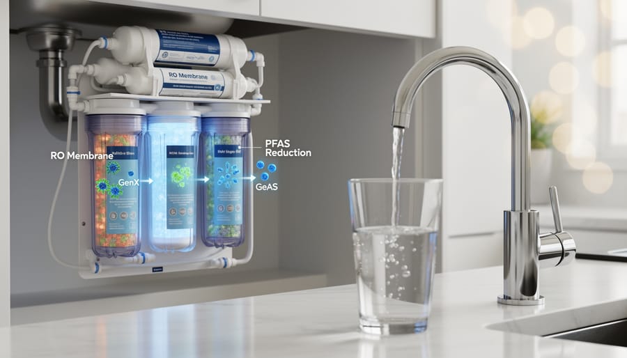 Under-sink reverse osmosis water filtration system with multiple filter stages