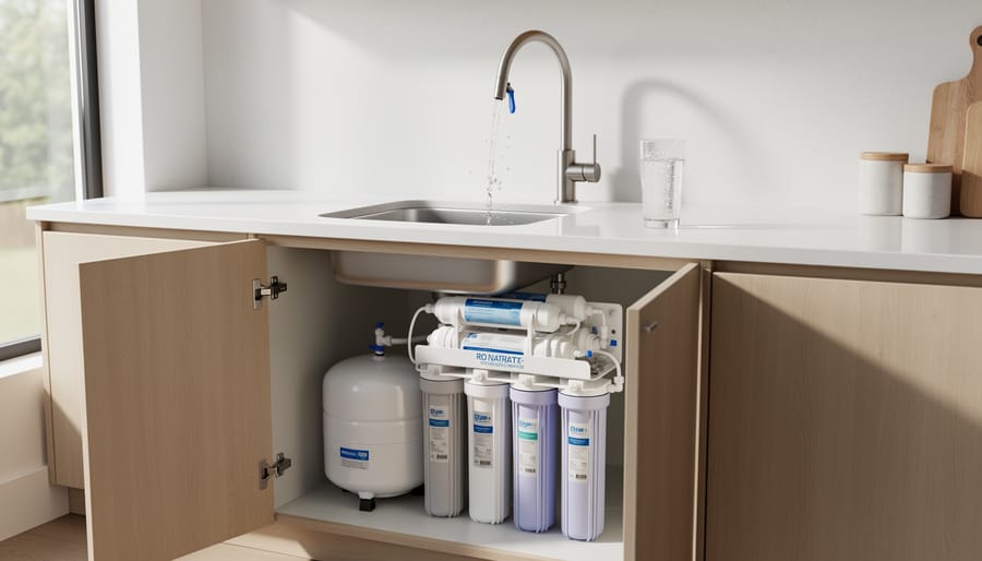 Clear water being poured from kitchen faucet into drinking glass