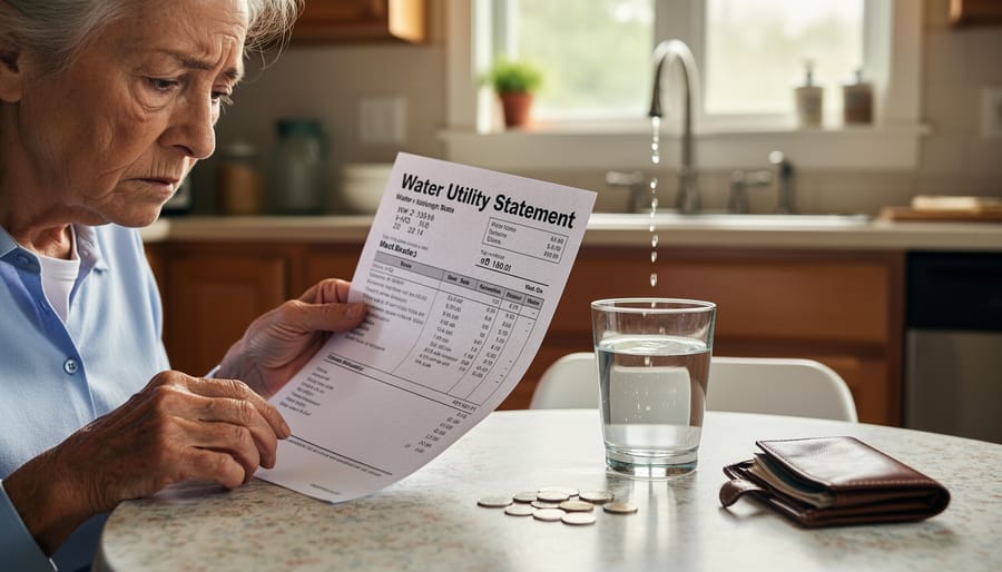 Senior person reviewing water bill at kitchen table with calculator