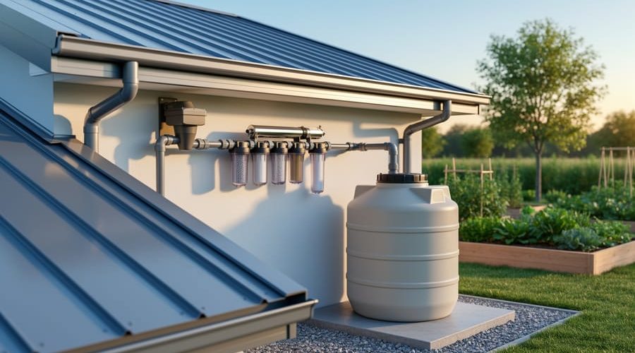 Eye-level photo of a modern house gutter leading through a first-flush diverter into a food-grade storage tank with inline filter canisters and a stainless UV unit, in warm golden light, with a garden and trees softly visible in the background.