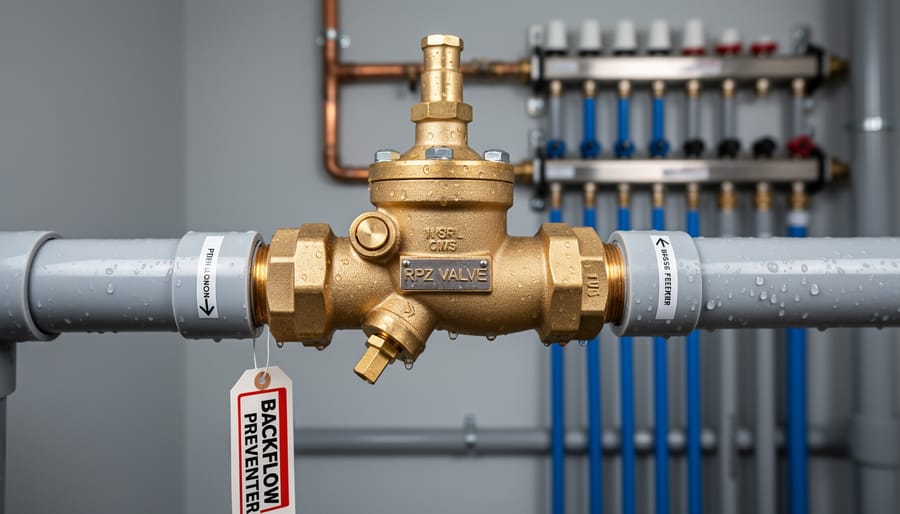 Close-up of brass RPZ backflow prevention valve installed on plumbing system