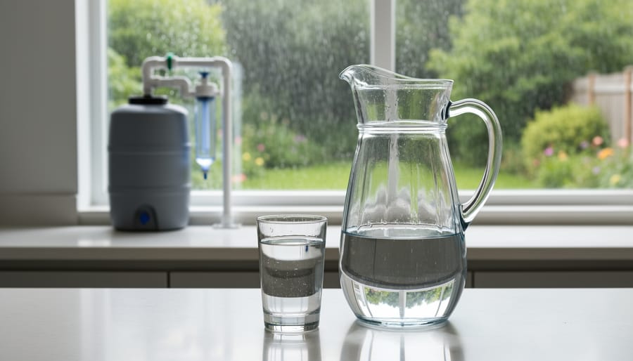Person filling glass pitcher with clear drinking water from kitchen faucet
