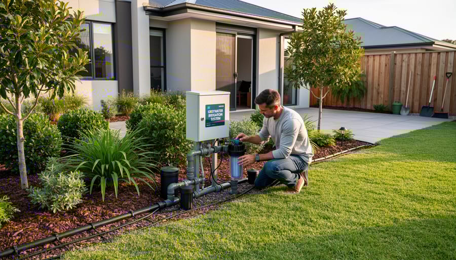 Healthy garden lawn being watered by greywater irrigation system at residential home