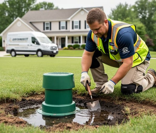 Technician kneels on grass beside a green leach field riser, probing damp soil as a shallow puddle glints nearby, with a suburban home and trees softly blurred in the background.