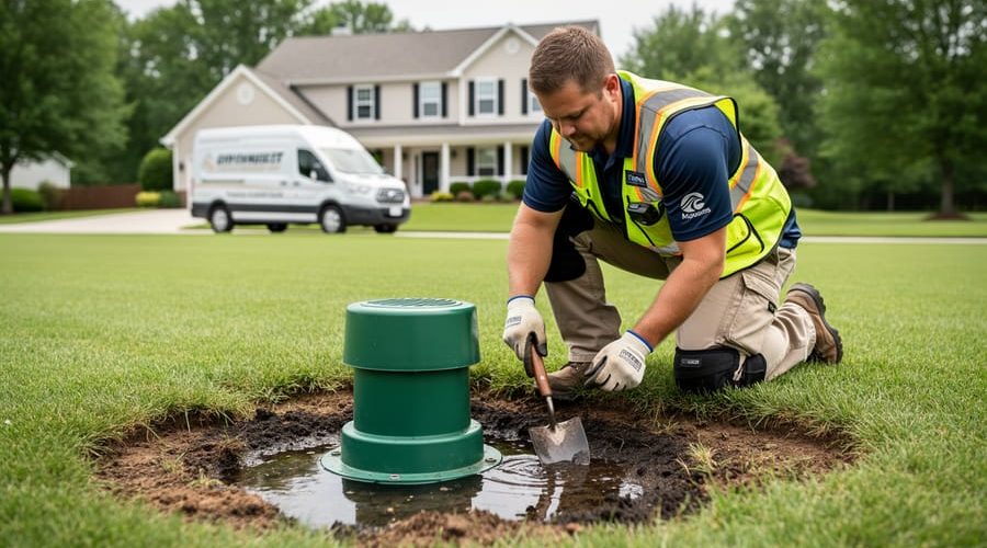 Technician kneels on grass beside a green leach field riser, probing damp soil as a shallow puddle glints nearby, with a suburban home and trees softly blurred in the background.