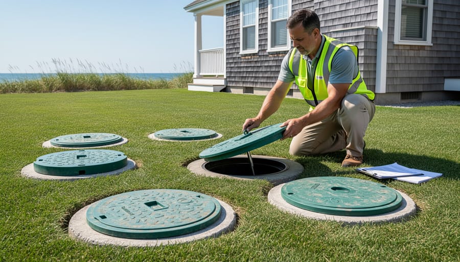 Septic system covers in residential lawn with coastal Maine home in background