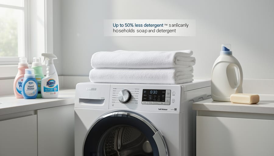 Family washing dishes with soft water requiring minimal soap