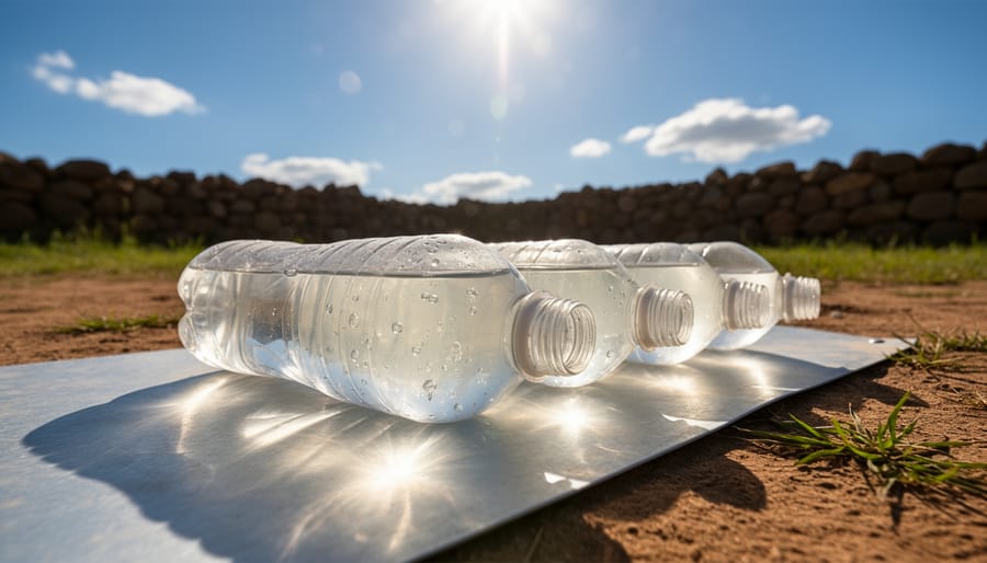 Clear plastic bottles of water on metal surface in direct sunlight for solar disinfection