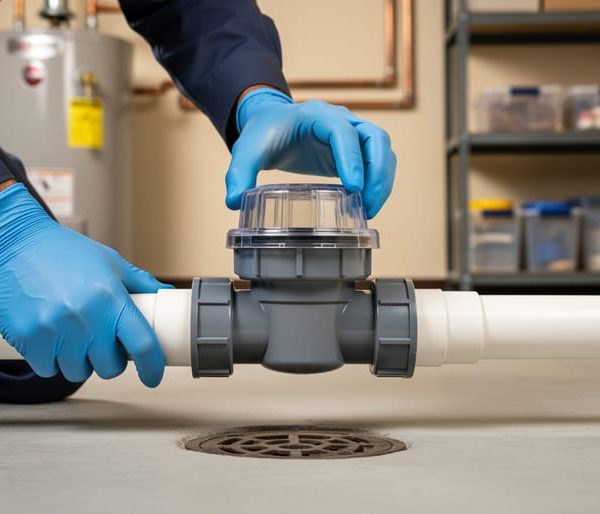 Close-up eye-level view of a plumber wearing gloves installing a clear-top backwater valve on a PVC main sewer pipe near a basement floor drain, with a blurred utility room in the background.