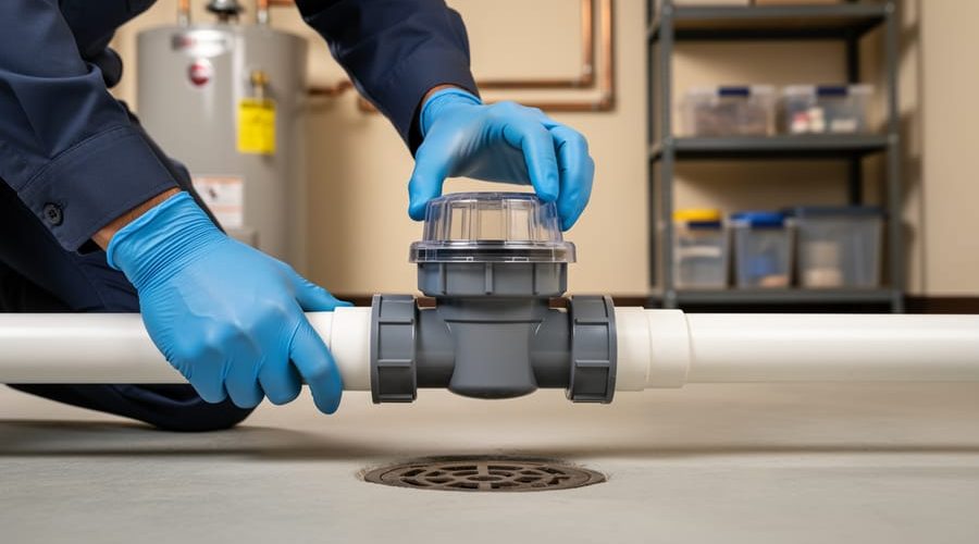 Close-up eye-level view of a plumber wearing gloves installing a clear-top backwater valve on a PVC main sewer pipe near a basement floor drain, with a blurred utility room in the background.